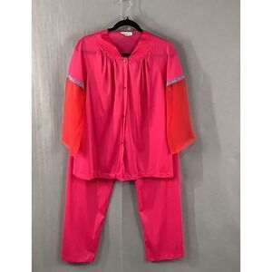 Vintage Vanity Fair 2 Piece Satin and Sheer Pajama Set Womens S Pink Orange Blue
